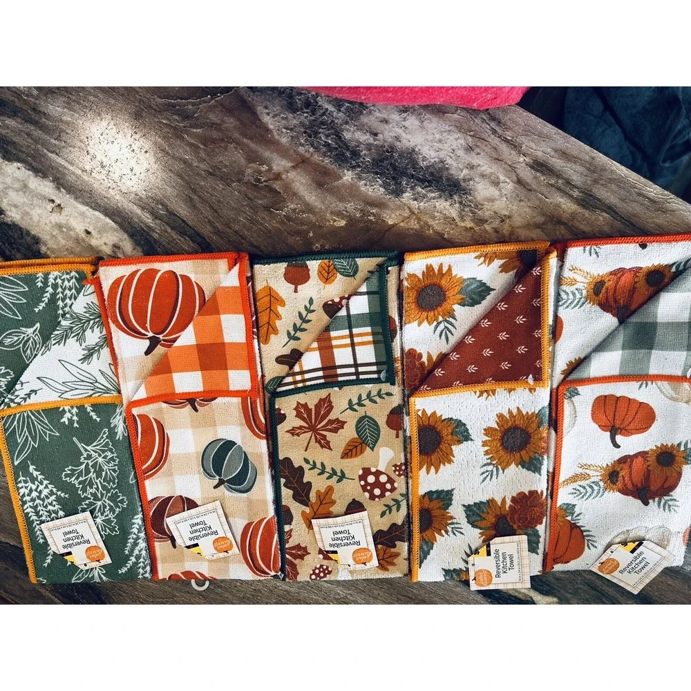 Perfect Harvest Reversible Kitchen Towels‎ Fall Sunflowers Pumpkins Lot of 5 BxG